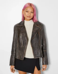 FEMME BERSHKA Vestes*Blouson biker cuir effet usé