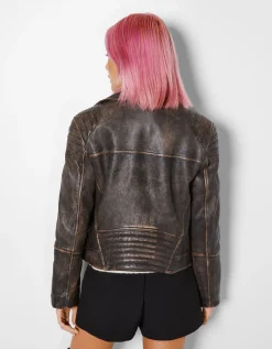 FEMME BERSHKA Vestes*Blouson biker cuir effet usé