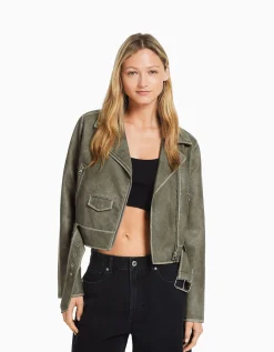 FEMME BERSHKA Vestes*Blouson biker similicuir effet usé ceinture