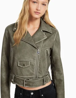FEMME BERSHKA Vestes*Blouson biker similicuir effet usé ceinture
