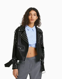 FEMME BERSHKA Vestes*Blouson biker similicuir oversize clouté