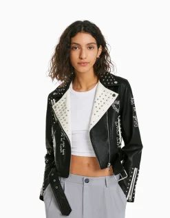 FEMME BERSHKA Vestes*Blouson biker similicuir clous