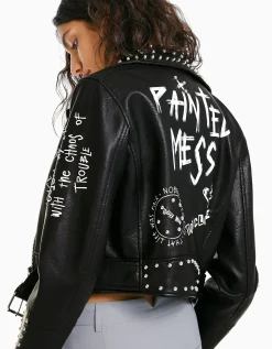 FEMME BERSHKA Vestes*Blouson biker similicuir clous