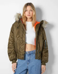 FEMME BERSHKA Vestes*Blouson parka court capuche fausse fourrure