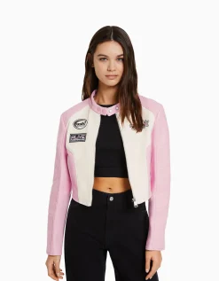 FEMME BERSHKA Vestes*Blouson racing cropped similicuir