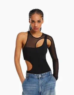 FEMME BERSHKA Bodys*Body manches longues asymétrique tulle