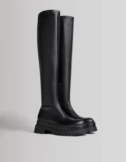 FEMME BERSHKA Similicuir*Bottes plates XL semelle crantée