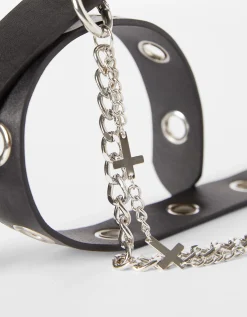 FEMME BERSHKA Similicuir*Ceinture chaîne œillets croix