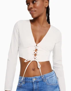 FEMME BERSHKA Chemises et blouses*Chemise corset moulante manches longues popeline laçage