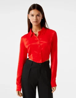 FEMME BERSHKA Chemises et blouses*Chemise cropped manches longues moulante satinée