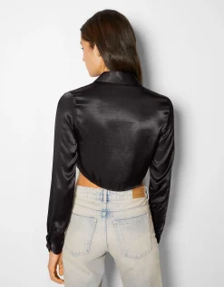 FEMME BERSHKA Chemises et blouses*Chemise cropped manches longues moulante satinée
