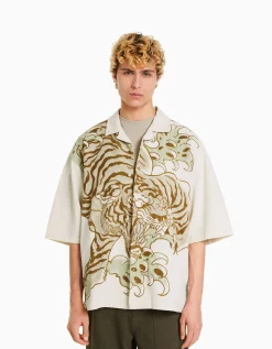 HOMME BERSHKA Vêtements*Chemise manches courtes broderie tigre