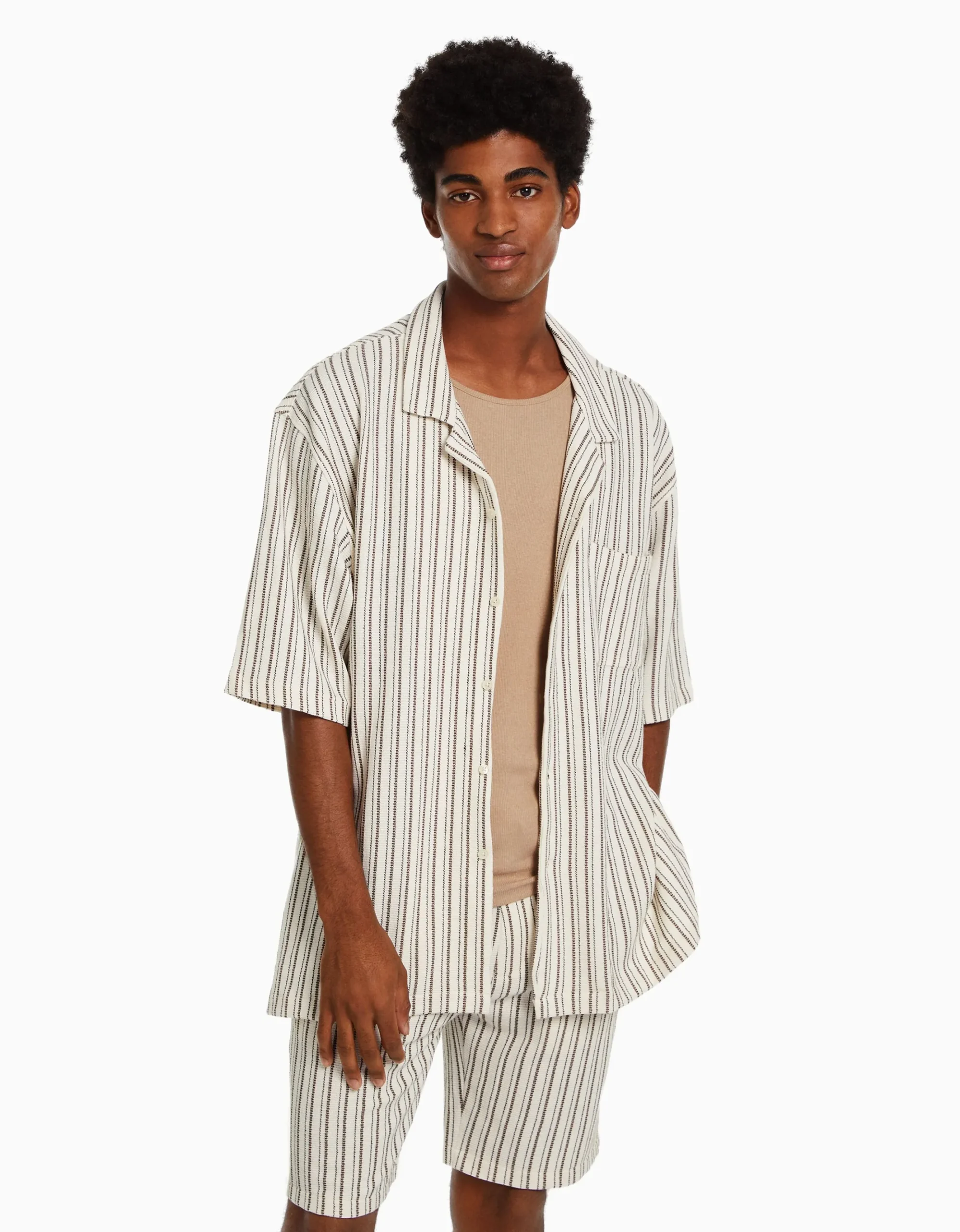 HOMME BERSHKA Chemises*Chemise manches courtes rustique rayures