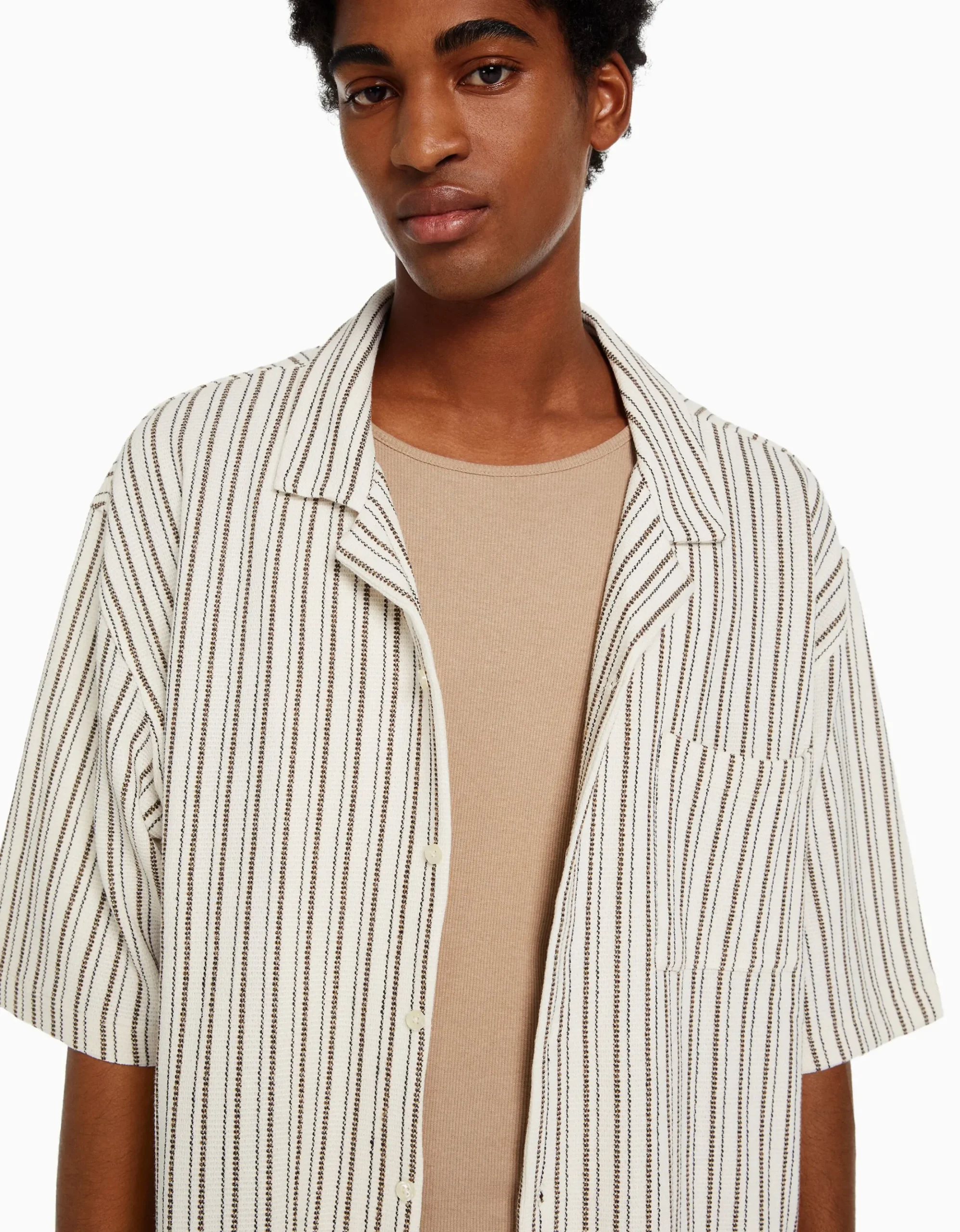 HOMME BERSHKA Chemises*Chemise manches courtes rustique rayures