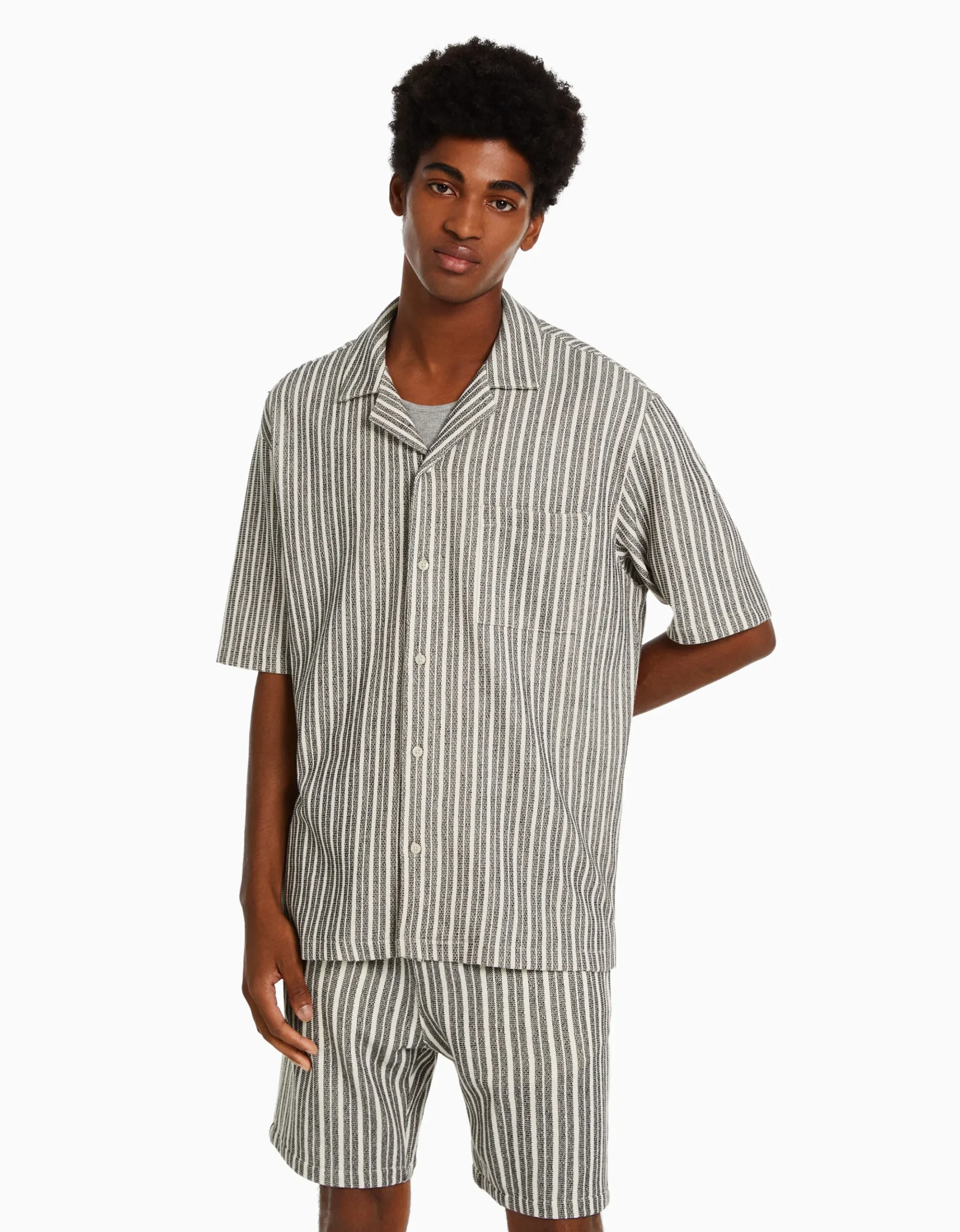 HOMME BERSHKA Chemises*Chemise manches courtes rustique rayures
