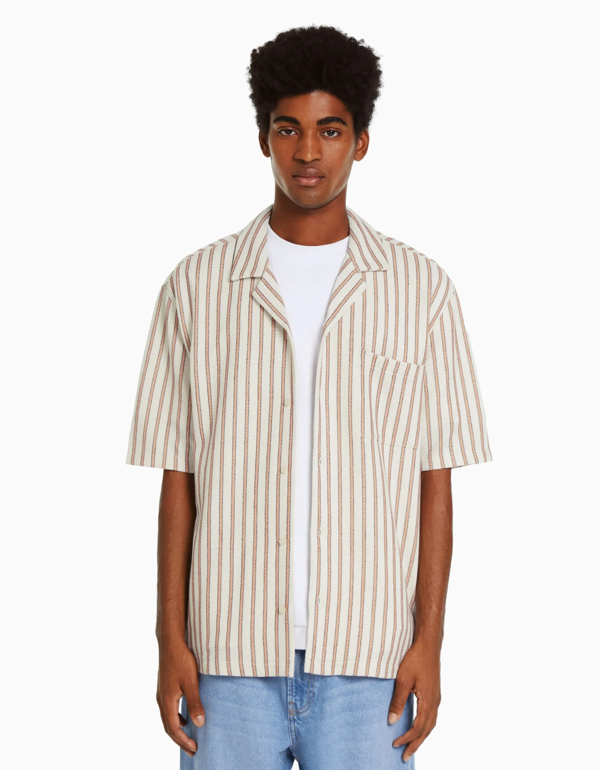 HOMME BERSHKA Chemises*Chemise manches courtes rustique rayures