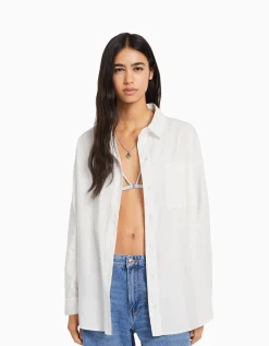 FEMME BERSHKA BSK Teen*Chemise manches longues oversize popeline