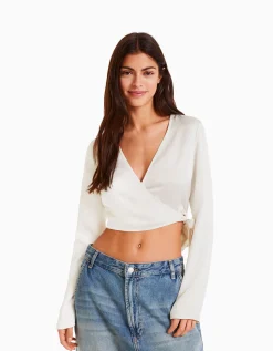 FEMME BERSHKA Chemises et blouses*Chemisier cache-cœur ballerine manches longues satiné
