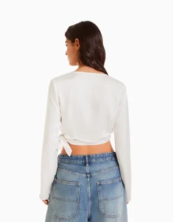 FEMME BERSHKA Chemises et blouses*Chemisier cache-cœur ballerine manches longues satiné