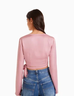 FEMME BERSHKA Chemises et blouses*Chemisier cache-cœur ballerine manches longues satiné