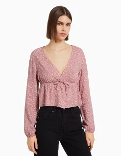 FEMME BERSHKA Chemises et blouses*Chemisier manches longues imprimé fleurs nœud