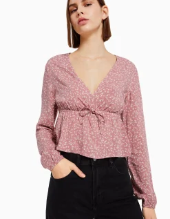 FEMME BERSHKA Chemises et blouses*Chemisier manches longues imprimé fleurs nœud