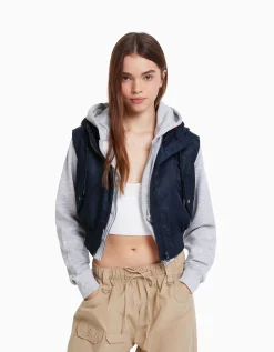 FEMME BERSHKA Vestes*Gilet bomber cropped sans manches capuche