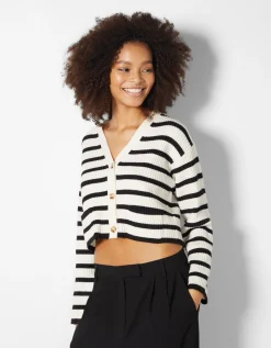 FEMME BERSHKA Maille*Gilet bord-côte rayé