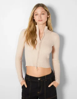 FEMME BERSHKA Pulls*Gilet col montant fermeture Éclair bord-côte