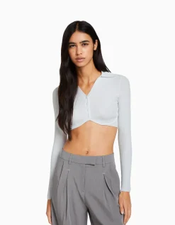 FEMME BERSHKA Tee-shirts*Gilet cropped col polo boutons