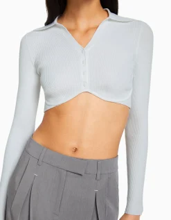 FEMME BERSHKA Tee-shirts*Gilet cropped col polo boutons