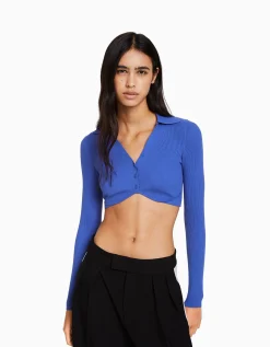 FEMME BERSHKA Tee-shirts*Gilet cropped col polo boutons