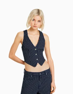 FEMME BERSHKA Vestes*Gilet denim sans manches rayures tennis