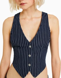 FEMME BERSHKA Vestes*Gilet denim sans manches rayures tennis