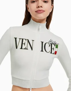 FEMME BERSHKA Maille*Gilet manches longues broderie fermeture Éclair