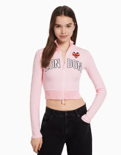 FEMME BERSHKA Maille*Gilet manches longues broderie fermeture Éclair