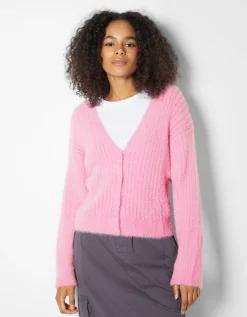 FEMME BERSHKA Maille*Gilet manches longues col V fausse fourrure