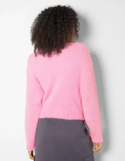FEMME BERSHKA Maille*Gilet manches longues col V fausse fourrure