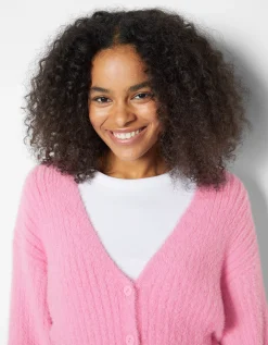 FEMME BERSHKA Maille*Gilet manches longues col V fausse fourrure
