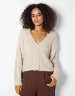 FEMME BERSHKA Maille*Gilet manches longues col V fausse fourrure