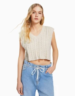 FEMME BERSHKA Maille*Gilet sans manches col en V