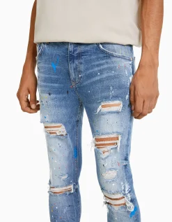 HOMME BERSHKA Jeans*Jean skinny déchirures taches de peinture