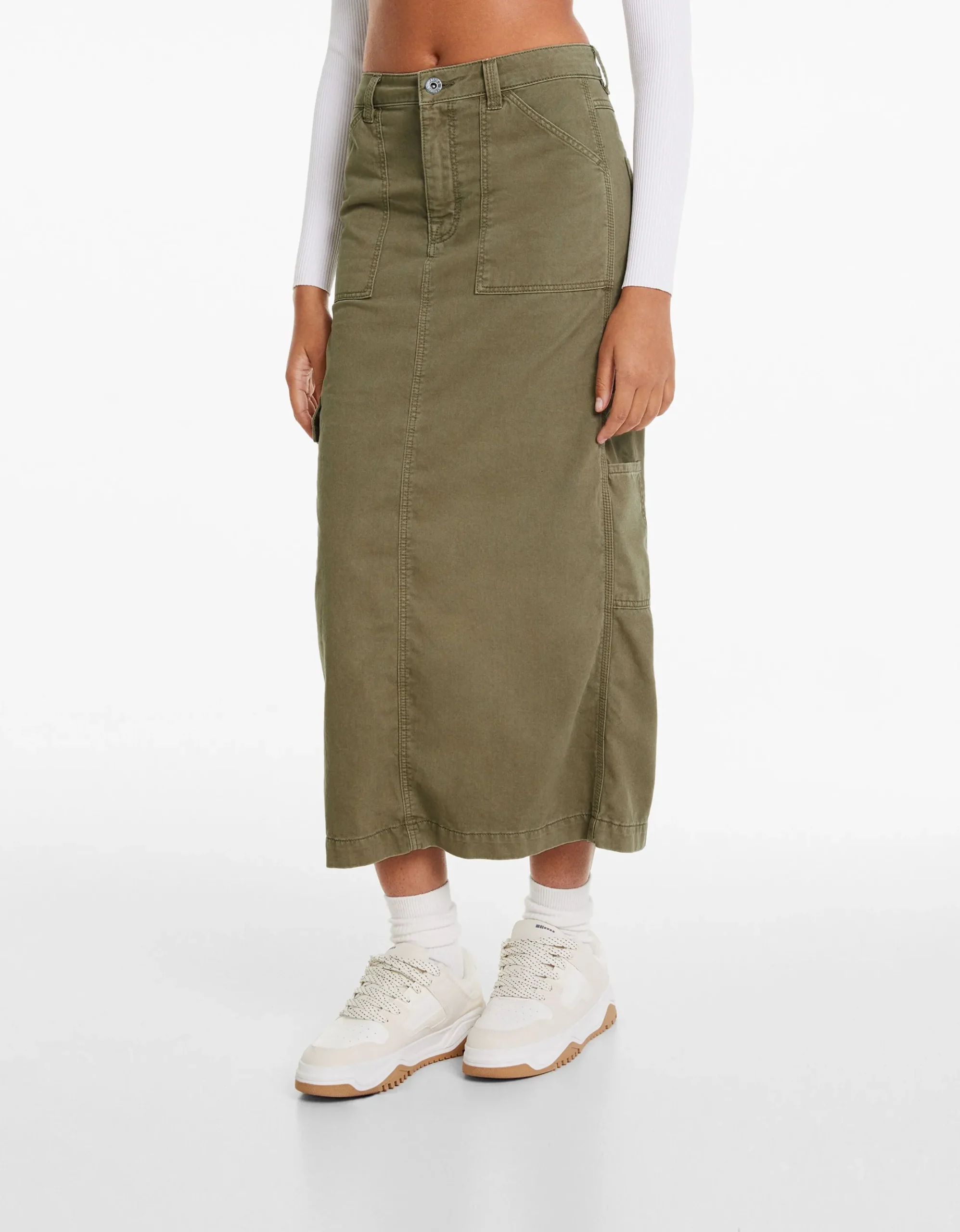 FEMME BERSHKA Vêtements*Jupe midi carpenter coton