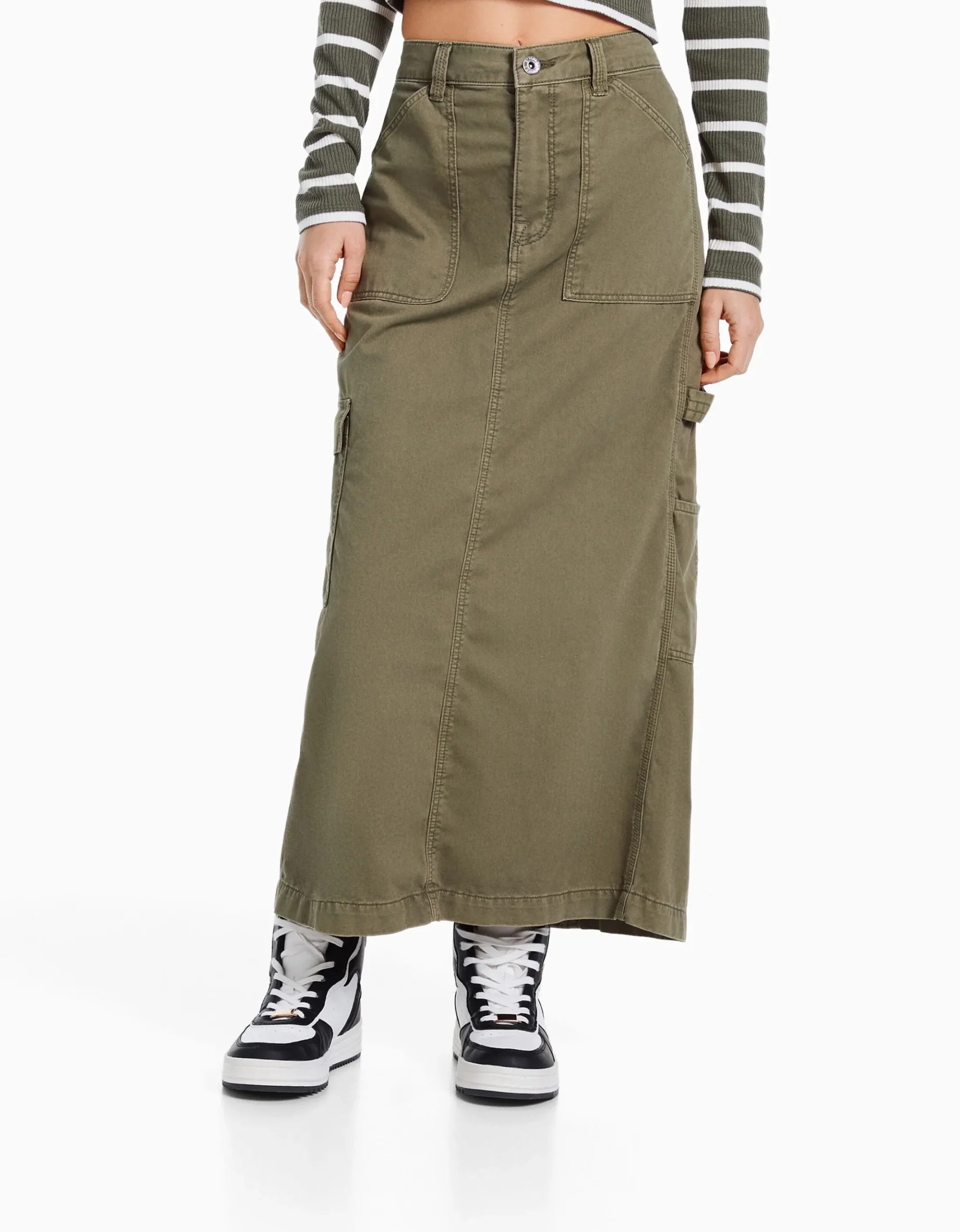 FEMME BERSHKA Cargo et parachute*Jupe midi carpenter coton