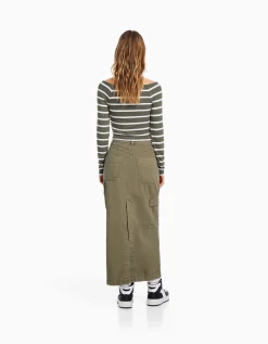 FEMME BERSHKA Cargo et parachute*Jupe midi carpenter coton