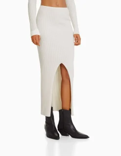 FEMME BERSHKA Vêtements*Jupe midi maille bord-côte
