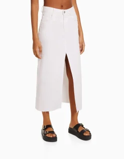 FEMME BERSHKA Vêtements*Jupe midi serge coton fente devant