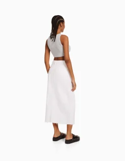 FEMME BERSHKA Vêtements*Jupe midi serge coton fente devant