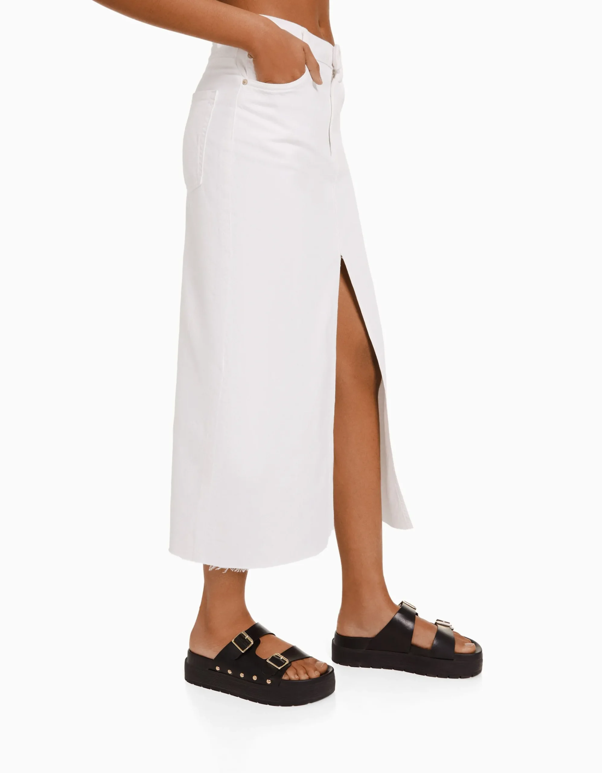 FEMME BERSHKA Vêtements*Jupe midi serge coton fente devant