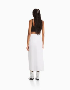 FEMME BERSHKA Vêtements*Jupe midi serge coton fente devant